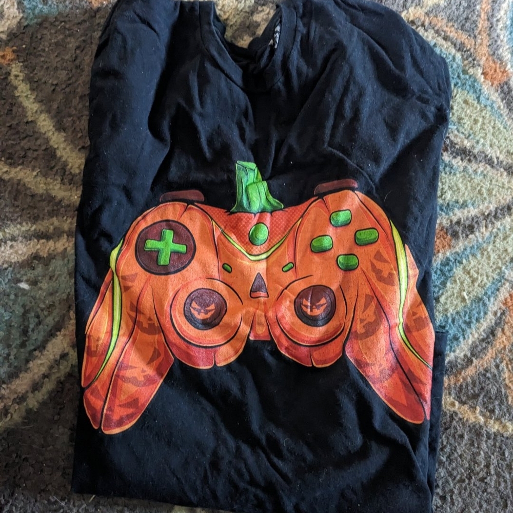 Black Gaming T-Shirt with Orange Controller Design